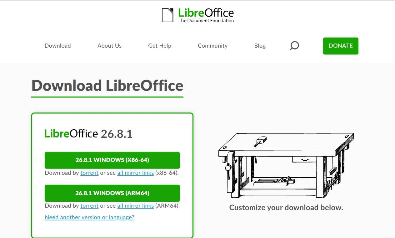 Страница загрузки LibreOffice 26.8.1 с кнопками WINDOWS (X86-64) и WINDOWS (ARM64)
