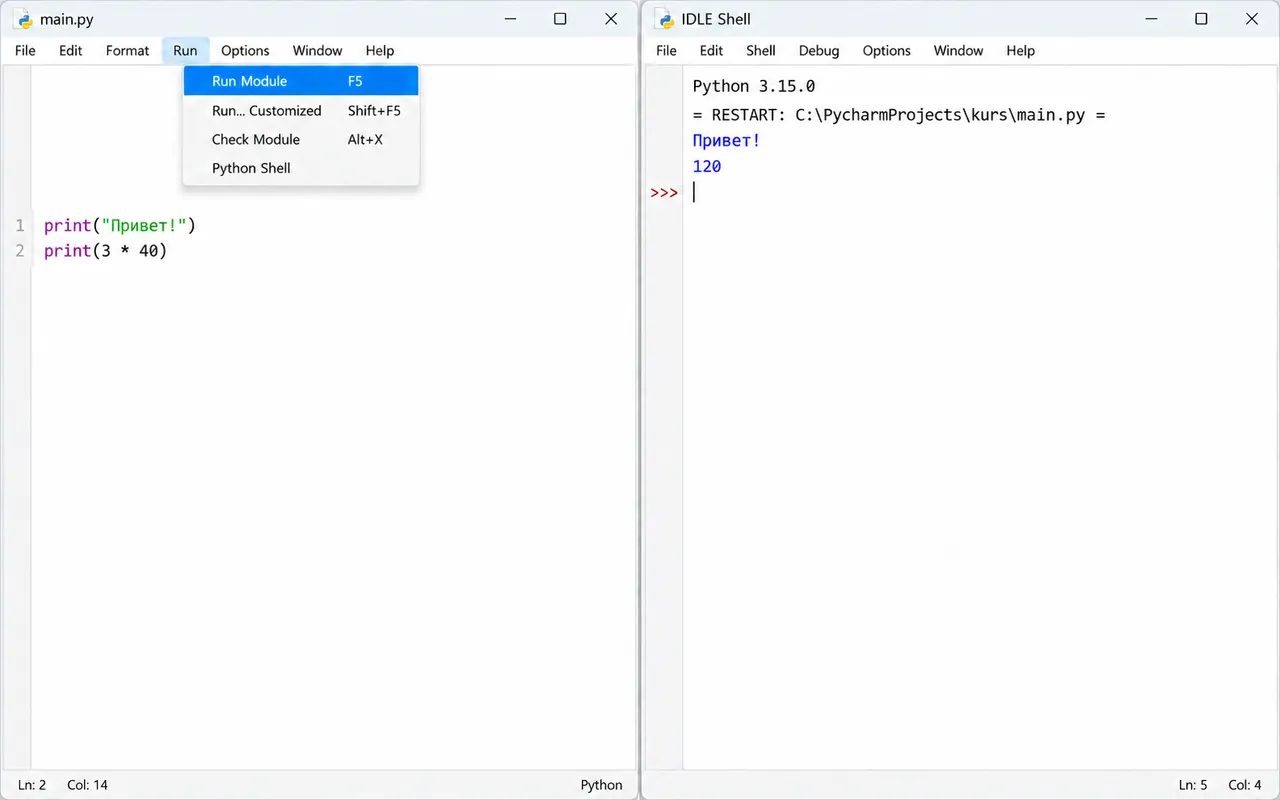 IDLE: редактор main.py с меню Run Module и окно IDLE Shell с выводом