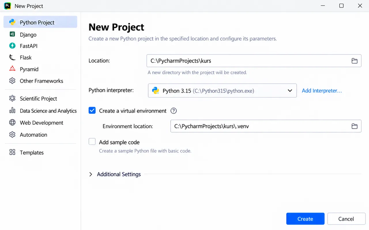 Окно New Project в PyCharm: папка проекта, интерпретатор Python и кнопка Create