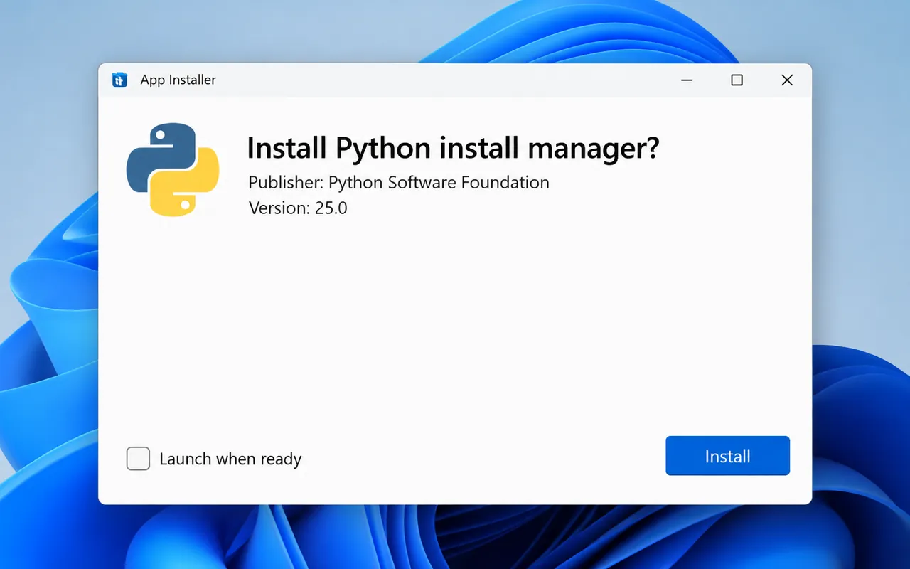 Окно установки Python install manager с кнопкой Install