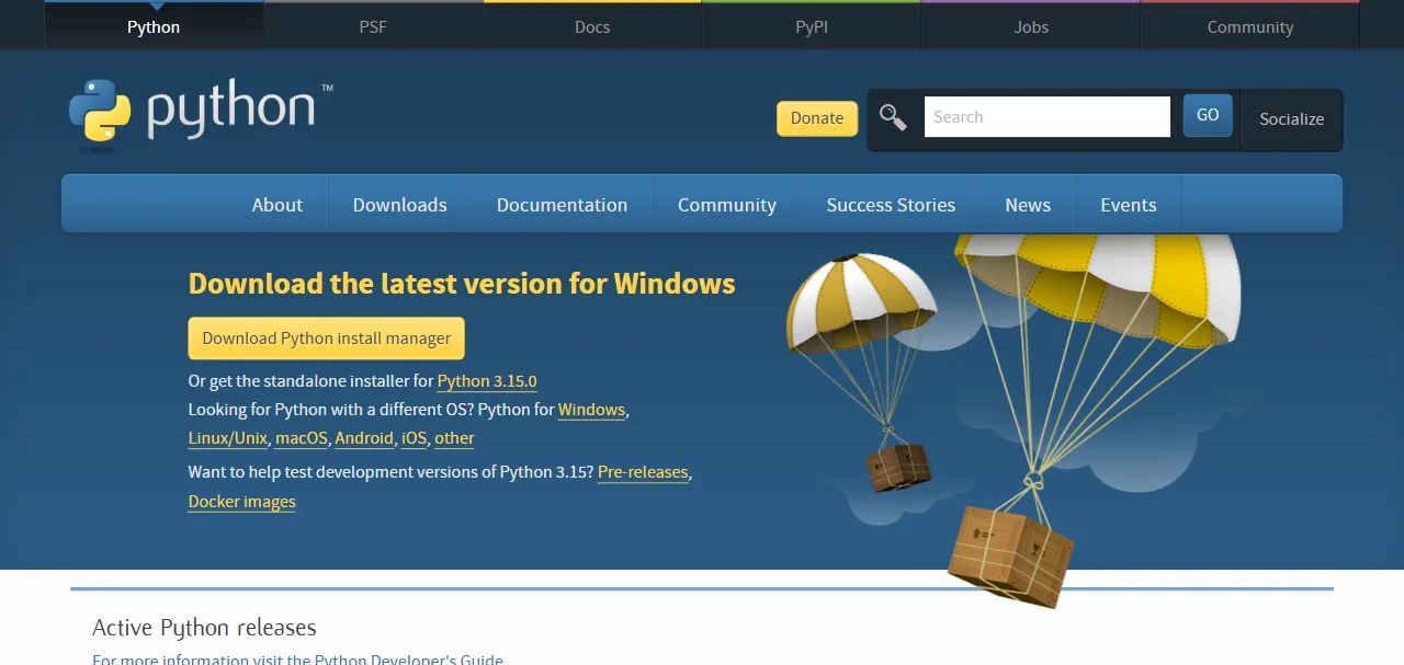 Страница загрузки python.org с кнопкой Download Python install manager
