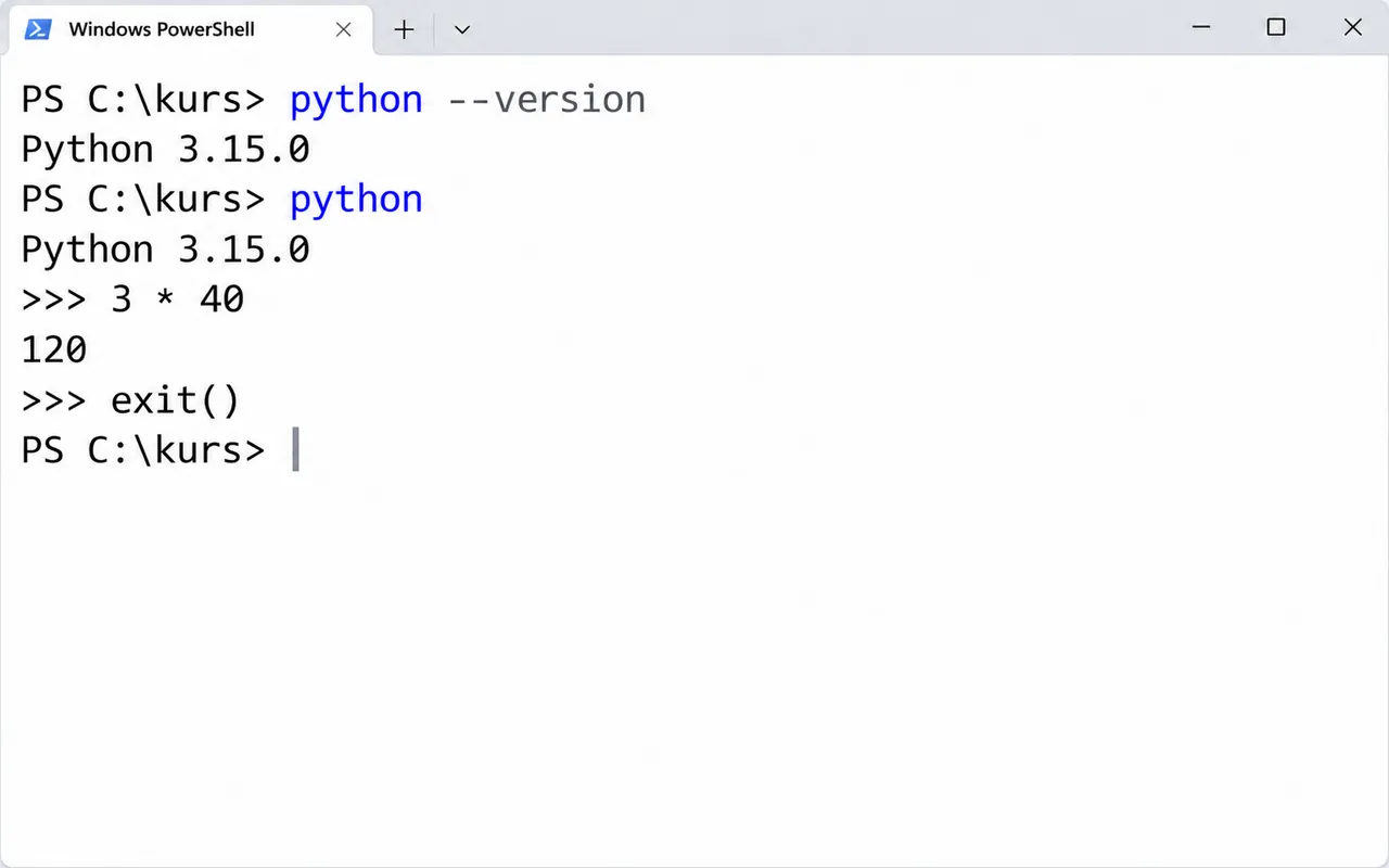 Терминал Windows: python --version, затем интерактивный режим с 3 * 40 и exit()